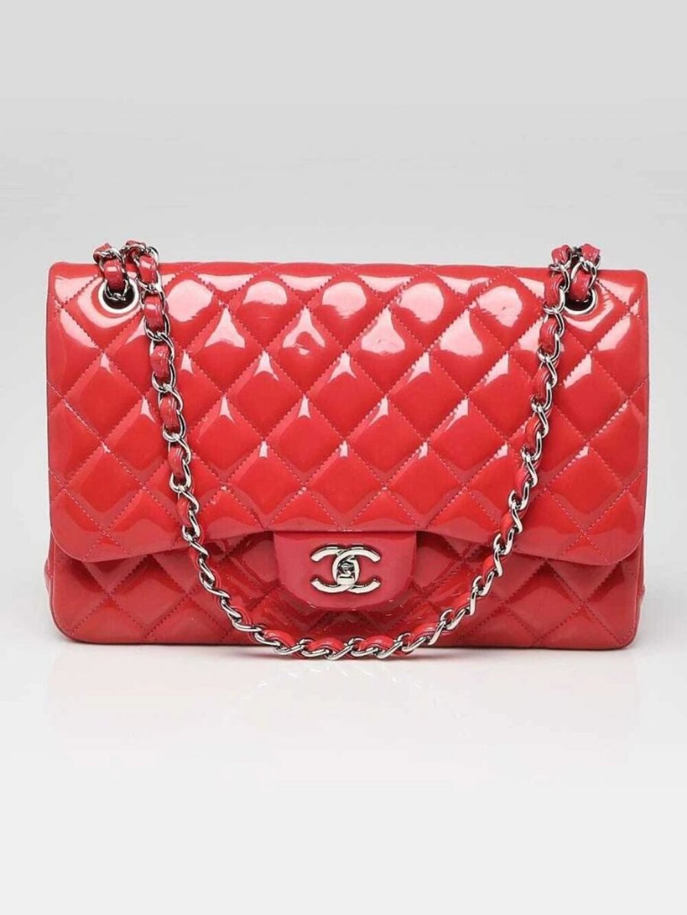 Chanel Pink Quilted Patent Leather Classic Jumbo Double Flap Bag
